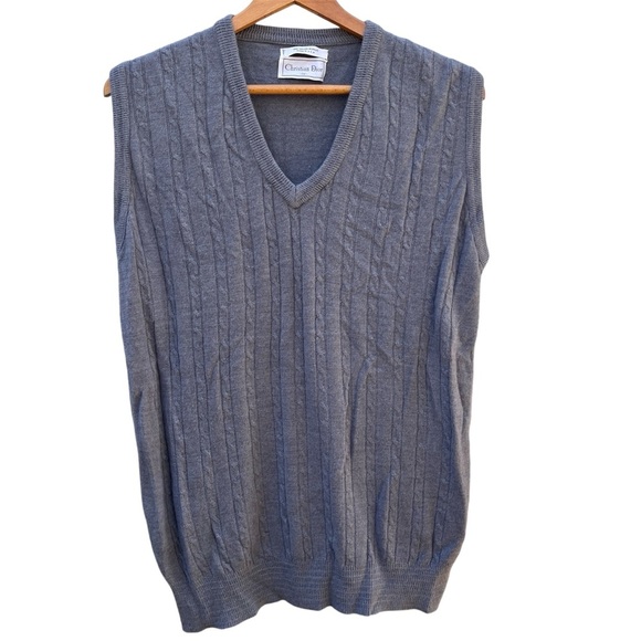 Christian Dior Vest Cable Knit Gray Blue Orlon Acrylic Sweater Mens Medium M - Picture 1 of 8